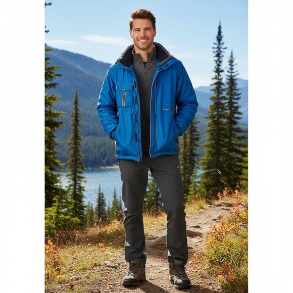 VTG 90s Phenix Sports L Hide Hood Ski Jacket Blue Removable Sleeve Fishing Chore - Picture 1 of 16